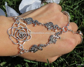 Rose Hand Sieraden Armband Ring Slave kettingarmband, Ringarmband Bloemenbloem Hippie Sieraden Armband Tibetaans Zilver