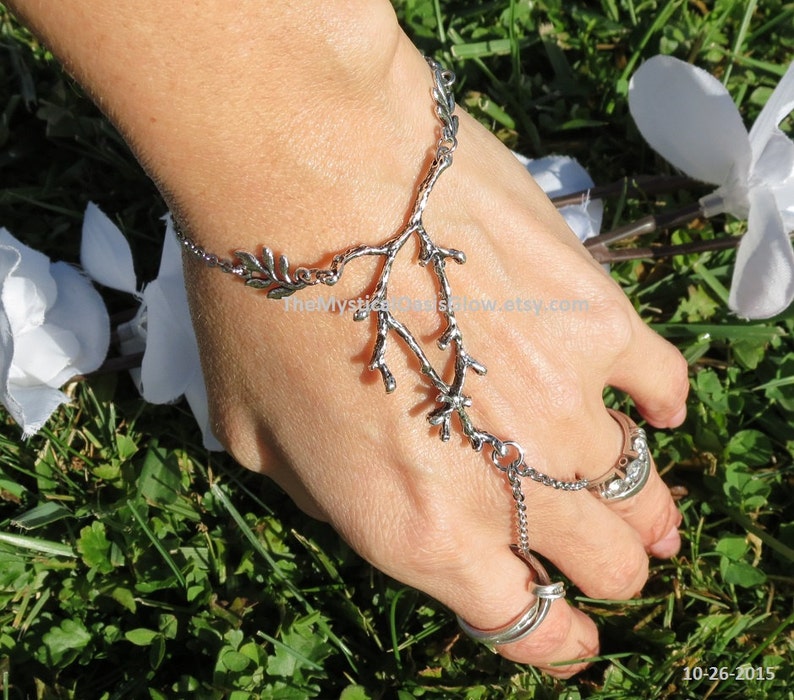 Steel slave bracelet ring bracelet hand chain bracelet ring hand jewelry slave ring silver hand bracelet chain Elven Jewelry Tree branch image 2