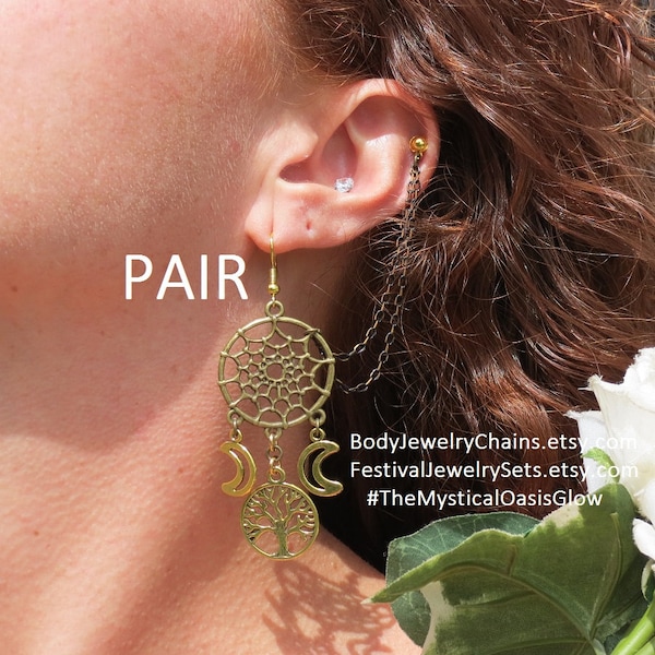 Dreamcatcher ear chain bajoran tree earrings, helix to lobe body jewelry, helix chain earrings gold and black, double piercing earrings