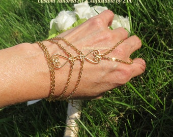 Heart Gold Chain bracelet ring finger wedding bracelet hand chain from wrist to ring with chain ring attached body jewelry for her