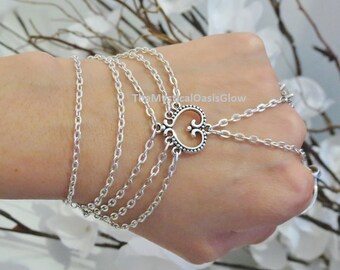 Heart slave bracelet, bracelet ring, hand chain wedding bracelet heart jewelry chain finger bracelet - Nickel free Silver or Gold Stainless