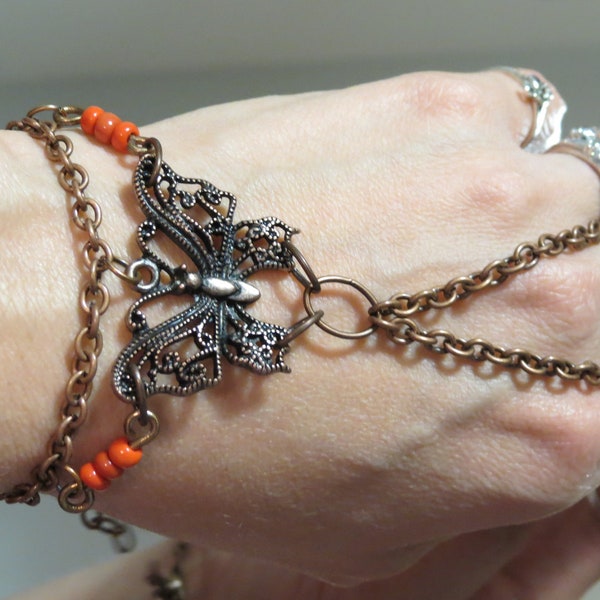 Butterfly Slave Bracelet, Ring Bracelet, Copper, Orange, Beaded Bracelet, Charm Bracelet, Hand Jewelry, Hippie, Bracelet, Custom Sized