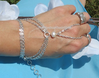 Beach wedding bracelet pearl hand chain wedding jewelry beach bracelet, silver slave bracelet multi strand nautical hand bracelet