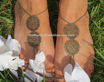 Chain jewelry barefoot sandals BOHO foot jewelry, bohemian wedding slave anklet sandals, boho sandal beach wedding, unisex foot anklet 2pc