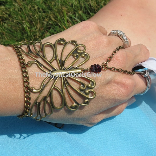 Bronze butterfly hand wrap bracelet ring, chain slave bracelet hand jewelry for Bohemian Wedding Bride, Gemstone beaded for women BRIDAL