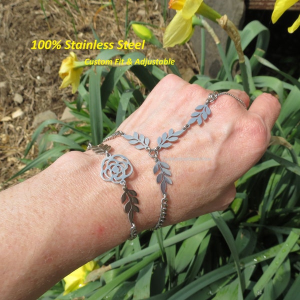 Elven Fairy vine slave bracelet ring hand chain jewelry, 100% Stainless steel durable w/ comfortable faceted curb chain, Permanent jewelry