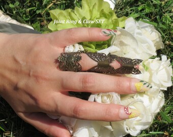 Elven butterfly joint ring wrap finger claw and armor ring set, Cosplay filigree nail guard, Midi Knuckle rings, Halloween costume jewelry