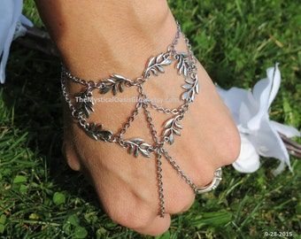 Elven Jewelry Leaf Slave Bracelet STEEL Ring bracelet, Peace and Love Hippie Chain Jewelry for Woodland Fairy, Body Jewelry w/ a custom fit