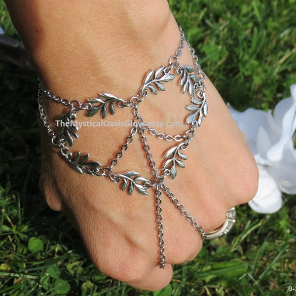 Elven Jewelry Leaf Slave Bracelet STEEL Ring bracelet, Peace and Love Hippie Chain Jewelry for Woodland Fairy, Body Jewelry w/ a custom fit
