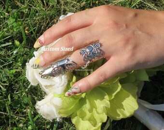 Silver Butterfly full finger armor ring set for women w detachable claw wrap ring, two finger ring for elven fairy butterfly costume