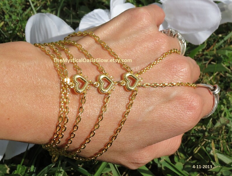 Nickel free multi layer hand bracelet handmade Multistrand Gold slave bracelet hand chain multilayered gold heart bracelet ring