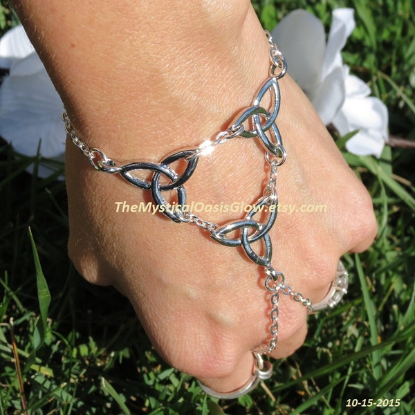 Irish Celtic Jewelry Chain Slave bracelet Ring Hand Jewelry, Trinity Triquetra Bracelet ring attach women's, Custom Celtic knot Unique gifts