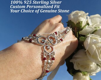 925 Birthstone Heart hand bracelet ring wedding jewelry w/ custom tailored personalized fit. Gift ideas for her Sterling Silver Adjustable