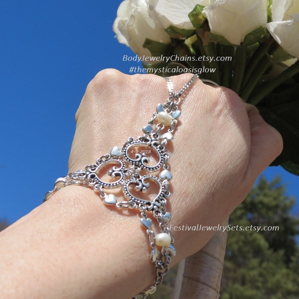 Perle Herz Hochzeit Hand Armband Ring Schmuck Tibetsilber und Edelstahl Handkette Slave Armband von Grund auf in den USA handgefertigt