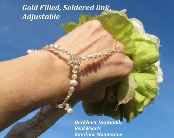 Gold slave bracelet ring hand chain jewelry Bridal Pearl Wedding bracelets, Diamond, Gold Filled, Champagne crystal, moonstone, & adjustable