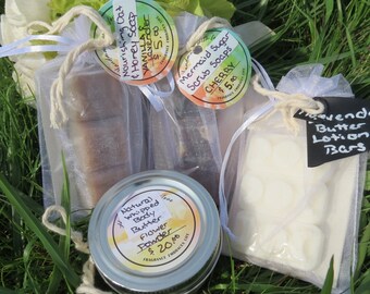 Skin Care Gift Set, Lavender Body Butter sample bars, Sugar scrub soap samples, moisturizing oatmeal honey soap sets, Coconut Vanilla Cherry