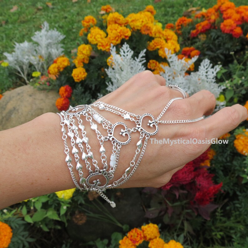 Sterling heart slave bracelet, Sterling silver ring finger bracelet hand chain jewelry, Silver body jewelry 925 Pearl Wedding BRIDAL stone (M.O.P. Tube)