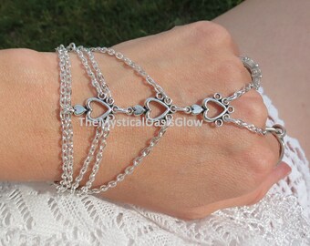 Heart Slave Bracelets, Silver Hand Chain, Slave Bracelet, Ring Bracelet, Hand Jewelry, Chain Bracelet Ring, Silver plated, Fitted Adjustable