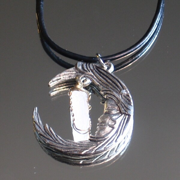 Moon Crystal Leather Necklace. Sterling Silver  Wrapped Quartz in a Silver Moon with 2mm real Black Leather. Adjustable