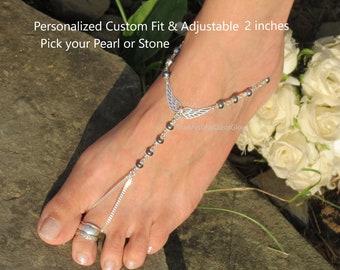 Silver Angel wing hand chain anklet bracelet body jewelry slave bracelets with pearls, pearl foot toe ring ankle bracelet toe anklets pearl