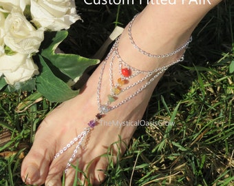 2pc Rainbow Chakra Chain Anklet Slave Bracelet Barefoot Sandals Foot chain body jewelry Meditation Jewlery Beach Sandles, Custom Fitted