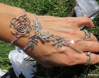 Rose Slave Bracelet Hand Chain, Hand Jewelry, Slave Ring, Vine Leaf Vines Bracelet Vine Slave Bracelet, Floral Slave Bracelet, Nature Flower