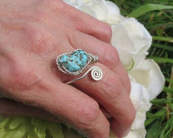 Sterling Silver Turquoise Adjustable Ring, Chunky Natural Turquoise, wire wrapped w 18 gauge 925 wires, Blue Turquoise Chunk w filed spiral