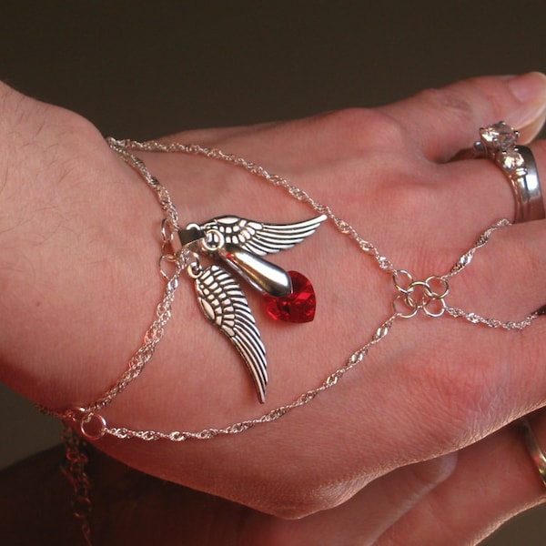 Angel Heart Slave Bracelet Ring. Sterling Silver chains. An angel carries my heart. Double Heart Clasp. Adjustable.