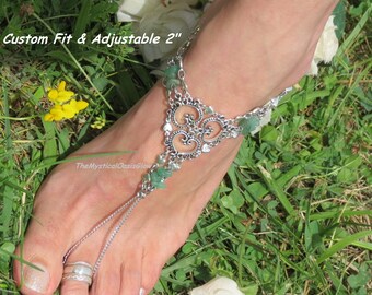 Jade Heart Barefoot Sandals, boho wedding foot jewelry, Beach Wedding chain slave anklet toe ring Silver HEART jewelry BRIDAL Gift