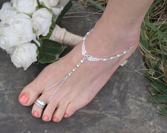 Pearl wedding shoes accessories, Beach Barefoot Sandals Foot Jewelry, 925 Sterling Silver, Real Pearls or stones, Custom Tailored Fit fitted