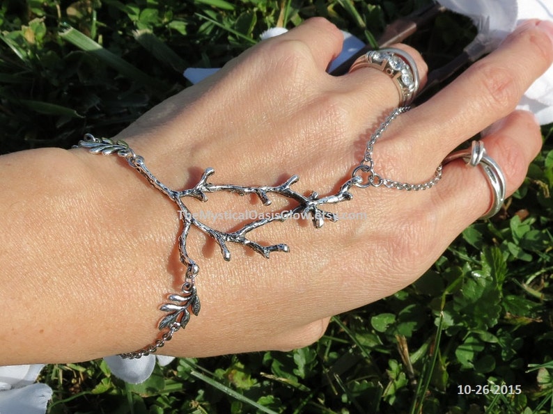 Steel slave bracelet ring bracelet hand chain bracelet ring hand jewelry slave ring silver hand bracelet chain Elven Jewelry Tree branch image 1