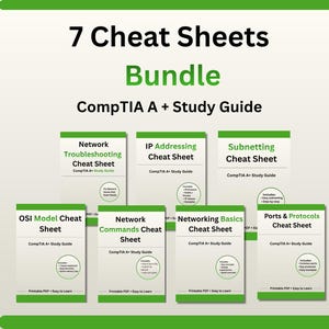Könnte beinhalten: Ein Bundle von sieben CompTIA A+ Spickzetteln für den Studienführer. Die Titel umfassen Netzwerk-Fehlerbehebung, IP-Adressierung, Subnetting, OSI-Modell, Netzwerkbefehle, Grundlagen der Netzwerktechnik und Ports & Protokolle.