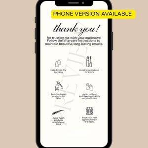 Puede incluir: Un teléfono inteligente muestra instrucciones de cuidado posterior para las cejas. El texto "¡gracias!" es visible, junto con consejos para evitar el agua, el maquillaje, los productos a base de aceite y los productos agresivos. También aconseja no frotar ni dormir directamente sobre las cejas y reservar una cita en 6-8 semanas.
