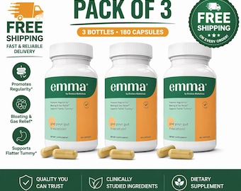 3 Pack Emma Gut Health Supplement – 180 Capsules | Digestive Support & Bloating Relief
