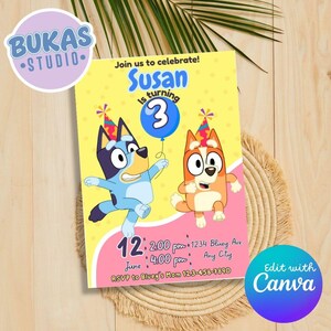 Puede incluir: Una invitación de cumpleaños con personajes de dibujos animados. El texto dice: "¡Únete a nosotros para celebrar! Susan cumple 3 años". La invitación incluye detalles del evento e información de RSVP.