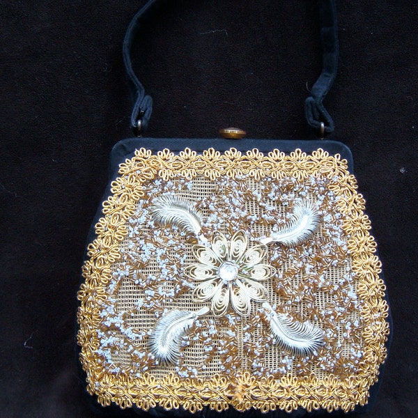 Veldore Vintage 50's Hand Embellished Black Velour Snap Frame Purse