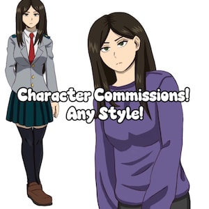 Può includere: Illustrazione di una donna in due outfit diversi. Uno è un blazer grigio con cravatta rossa e gonna verde. L'altro è una maglia viola a maniche lunghe. Il testo recita "Character Commissions! Any Style!"