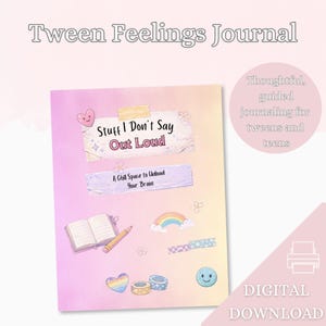 Può includere: Un diario intitolato Tween Feelings Journal con una copertina sfumata color pastello. Il testo recita Stuff I Don't Say Out Loud e A Chill Space to Unload Your Brain. Le grafiche includono un taccuino, una matita, un arcobaleno e cuori.