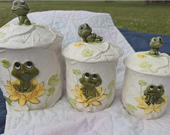 Vintage Sears Neil the Frog busset jaren 1970 keramische waterlelie potten