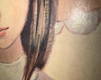 Lámina vintage de Missy Ward con ojos grandes, cuadro enmarcado, paraguas rosa, decoración retro para guardería, estilo kitsch de mediados de siglo, retrato de ojos tristes.