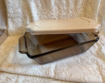 Vintage Anchor Hocking Rauchglas Kastenform mit Deckel | Retro Bernsteinbraun Backformen