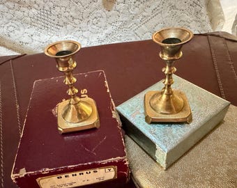Vintage Brass Candlestick Holders Pair, Mid Century Taper Candle Holders