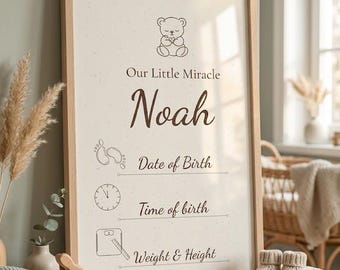 Lámina personalizada conmemorativa del nacimiento del bebé, enmarcada, para la habitación del bebé, cartel con el nombre del bebé, póster personalizado con las estadísticas del bebé, decoración para la habitación del bebé.