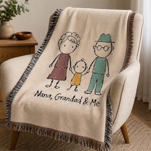 Manta personalizada tecida para os avós | Presente personalizado para a vovó e o vovô, feito ou para os netos | Manta de família para guardar de recordação | Desenho infantil