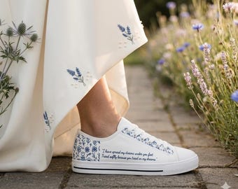 Personalized Wedding Sneakers for Bride, Something Old New Borrowed Blue Shoes, Custom Bridal Trainers with Date & Quote