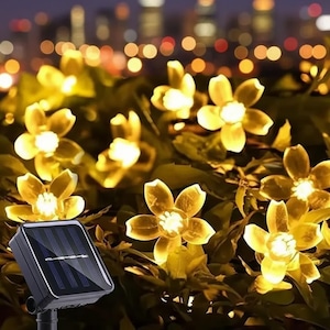 May include: Solar-powered string lights with yellow flower-shaped lights. The lights are set amongst green foliage, with a solar panel in the foreground. The background shows blurred city lights, creating a warm, inviting ambiance.