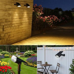 Pode incluir: Holofotes solares pretos iluminam uma parede de tijolos e um jardim à noite. A imagem mostra várias configurações de iluminação externa, incluindo holofotes montados em paredes e jardins.