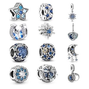 Könnte beinhalten: Eine Sammlung silberner Charms mit blauen und klaren Akzenten. Designs umfassen einen Stern, einen Schneeflocken, ein Hufeisen mit Schmetterling, eine Blume, ein Herz, einen Mond und Sterne sowie runde Charms mit Stern- und Blumenmustern.