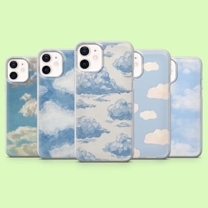 Peut inclure: Cinq coques de téléphone avec des motifs de nuages. Chaque coque présente un design différent sur le thème du ciel, utilisant des nuances de bleu et de blanc. Les coques sont en matériau transparent.