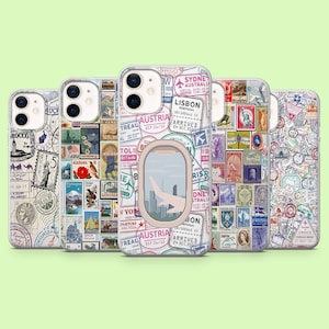 May include: Five phone cases with travel-themed designs. Each case features a collage of stamps, travel stickers, and passport stamps. One case has a window design with an airplane. The cases are in various colours.